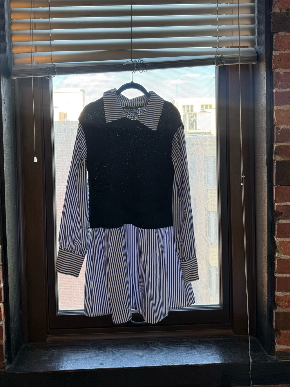 French Connection Striped Button-Down Shirt Dress with Navy Knit Vest Overlay